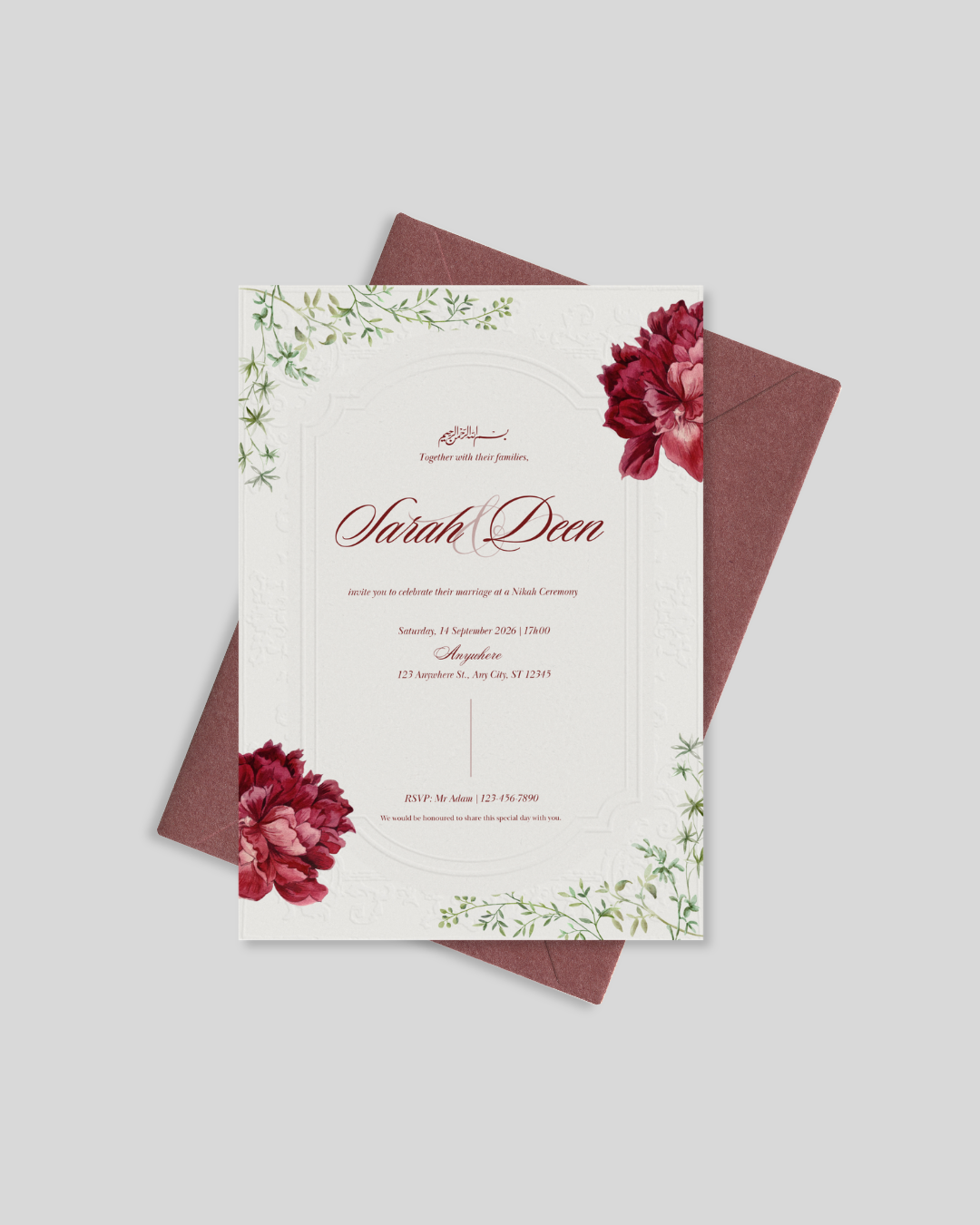 Red peony floral nikah invitation card Pakistan – premium wedding card A5