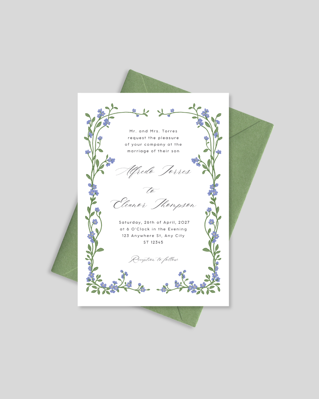 Blue vine floral wedding card Pakistan – elegant walima invitation A5