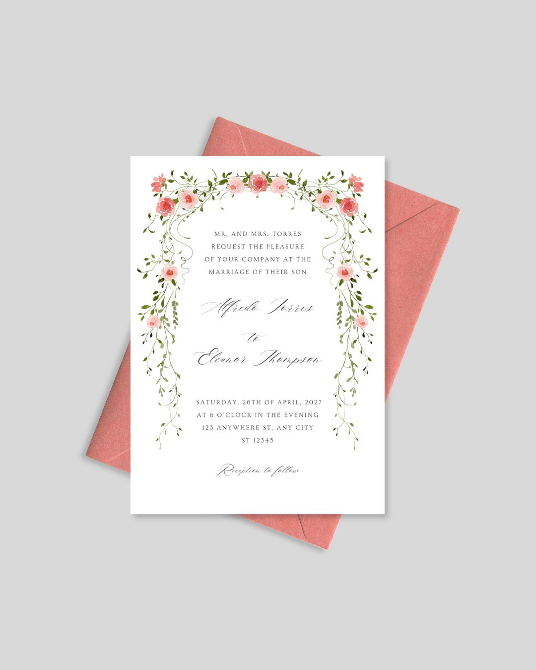 Pink rose arch romantic wedding card Pakistan – floral shadi card A5