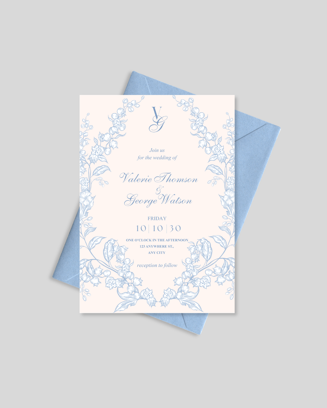 Blue toile floral nikah invitation card Pakistan – botanical wedding card A5