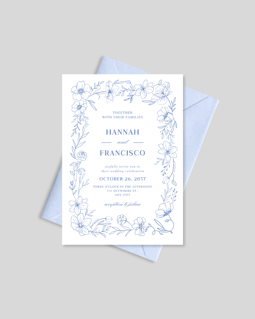 Blue line art modern nikah invitation card Pakistan – minimalist wedding card A5