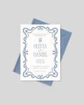 Blue scrollwork classic shadi invitation card Pakistan – ornate wedding card A5