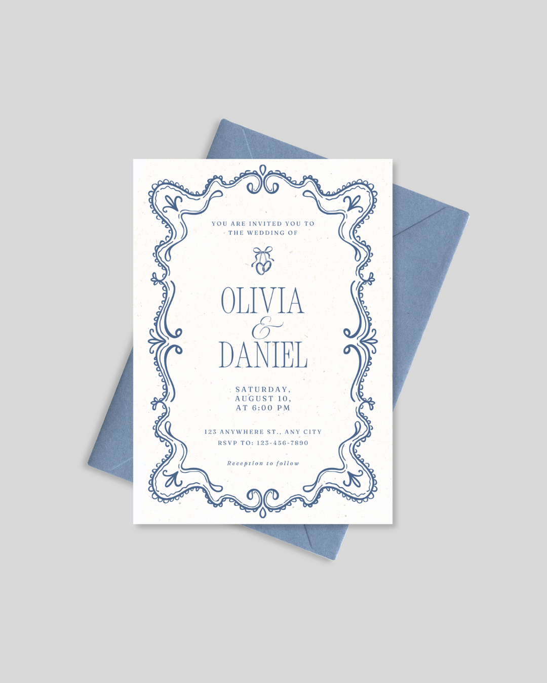 Blue scrollwork classic shadi invitation card Pakistan – ornate wedding card A5