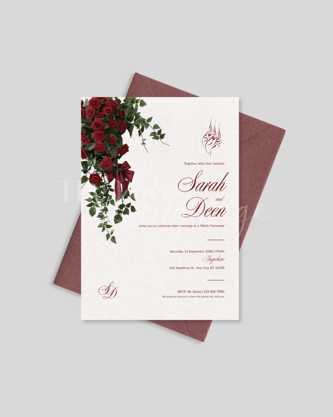Red rose nikah invitation card Pakistan – romantic floral wedding card A5