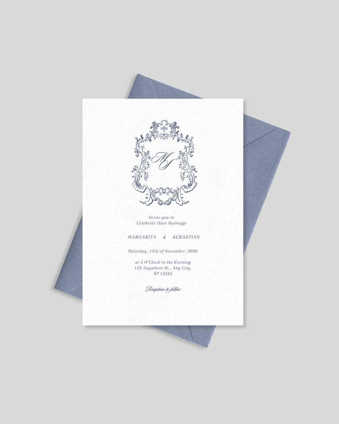 Navy baroque crest minimalist wedding card Pakistan – premium shadi card A5