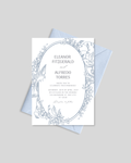 Blue birds oval toile wedding card Pakistan – elegant floral invitation A5