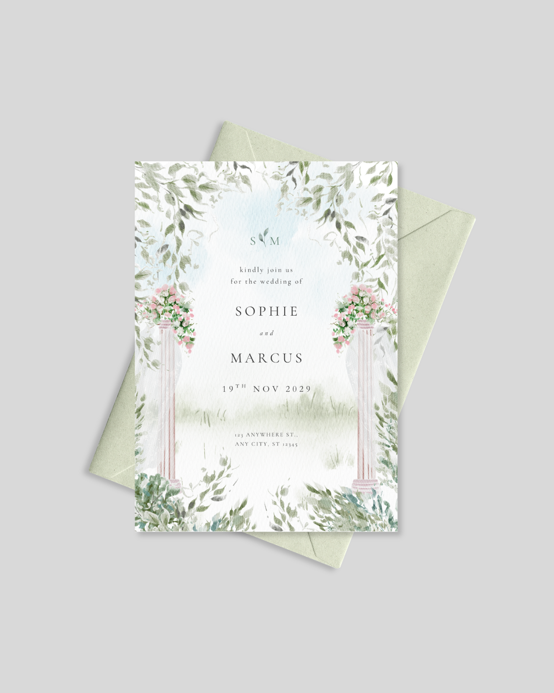Garden arch watercolor wedding invitation card Pakistan – unique shadi card A5