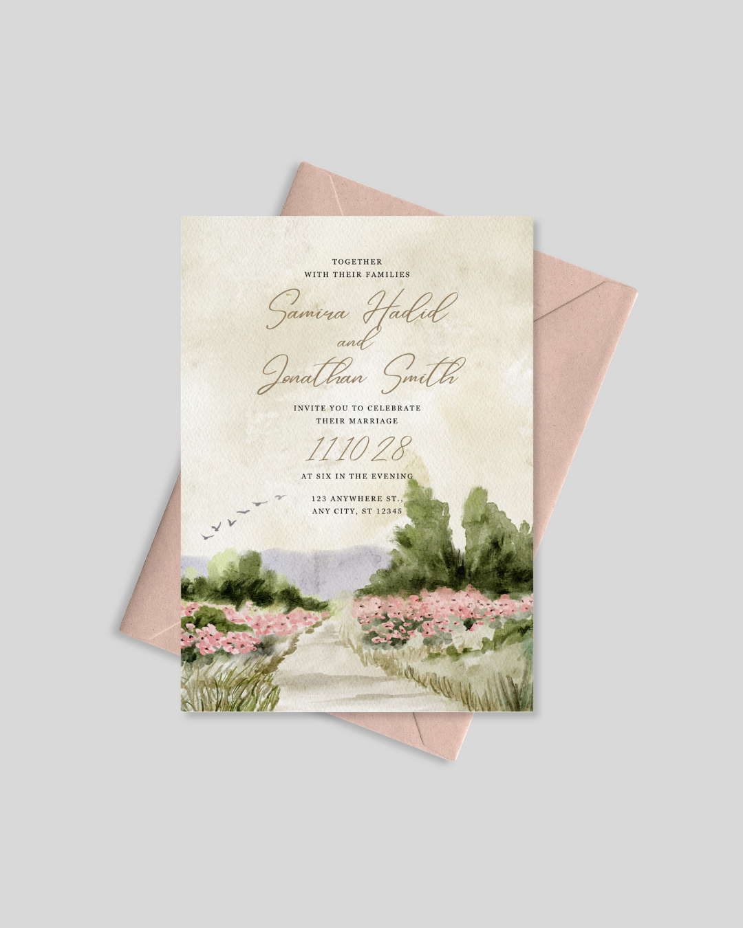 Countryside watercolor personalised wedding card Pakistan – unique shadi invitation A5