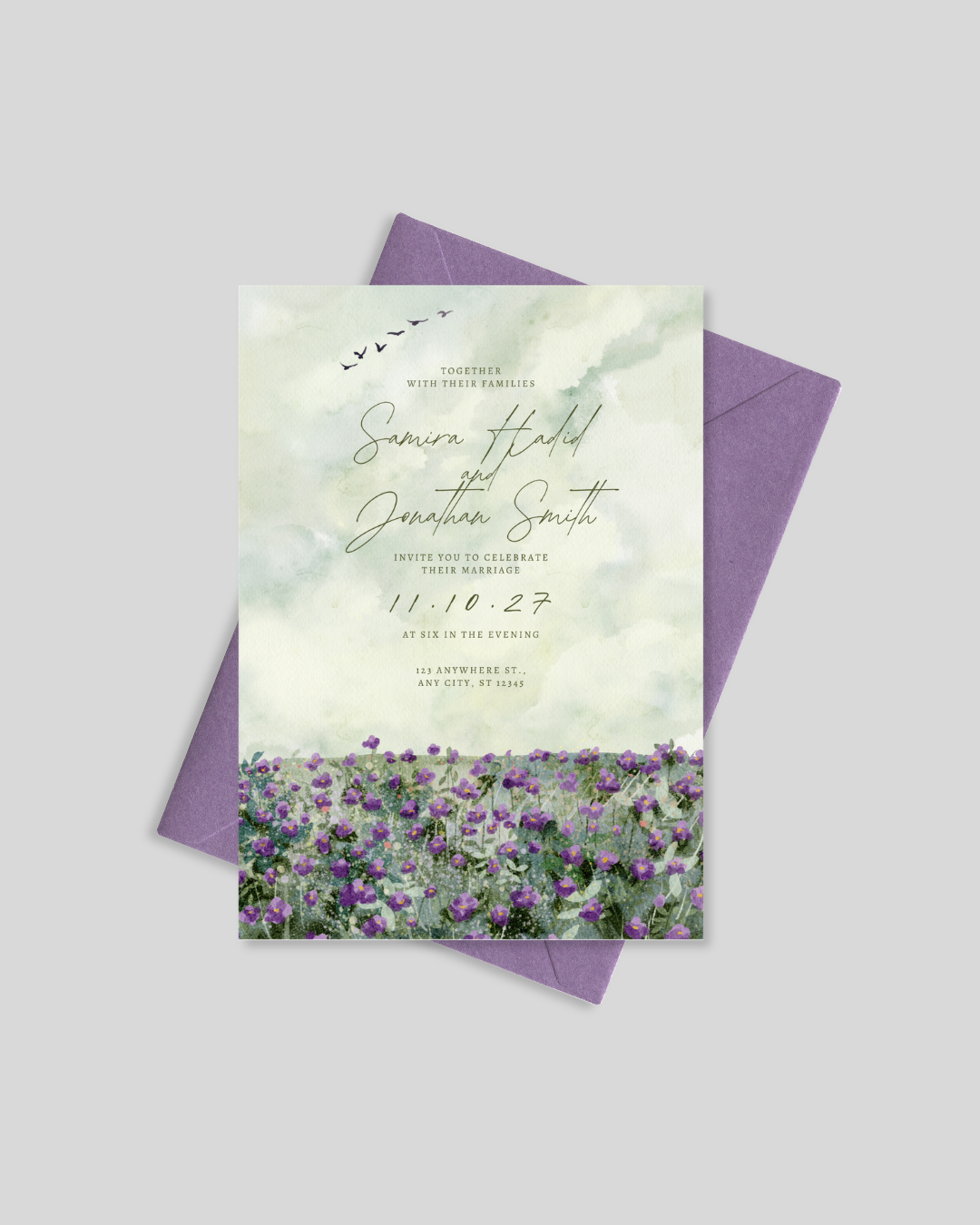 Purple wildflower wedding invitation card Pakistan – unique floral shadi card A5