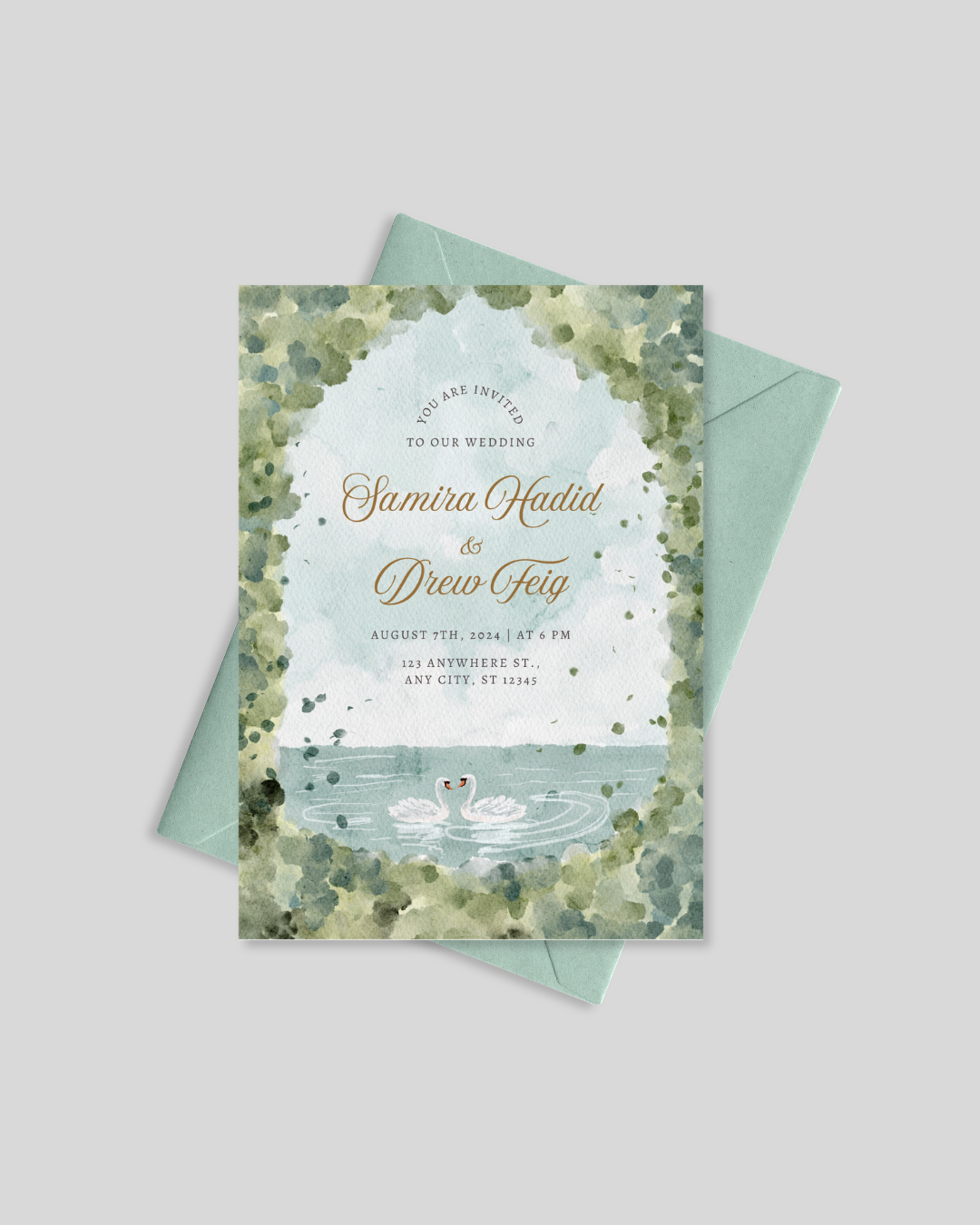 Swan lake watercolor romantic wedding invitation card Pakistan – personalised shadi card A5