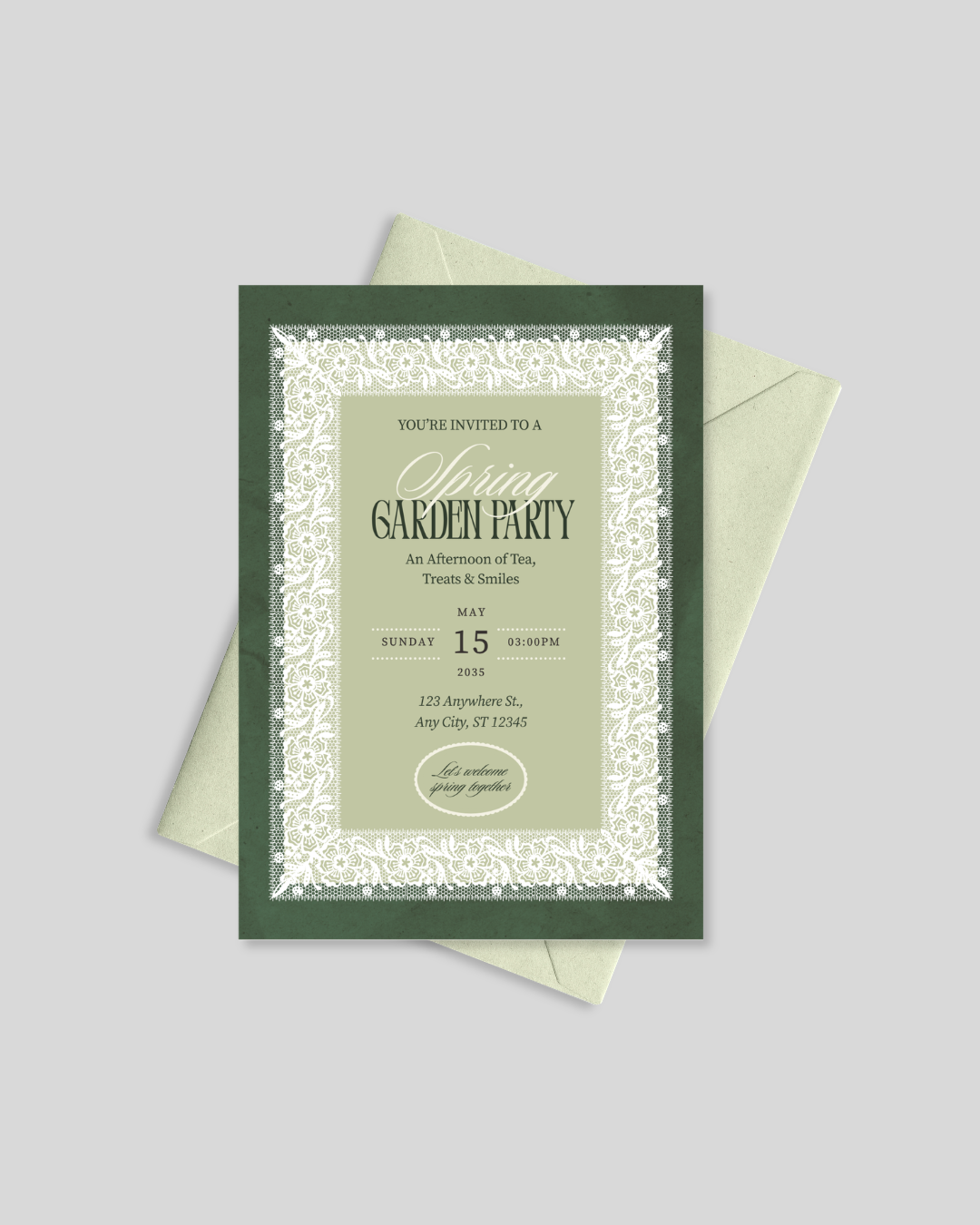 Sage green lace garden party invitation card Pakistan – wedding event card A5