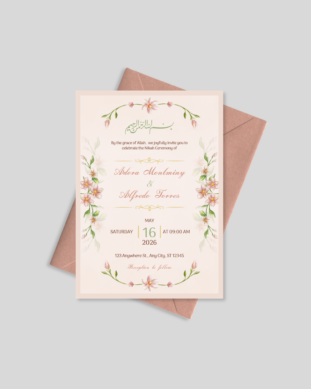 Blush floral nikah invitation card Pakistan – soft pink shadi card A5