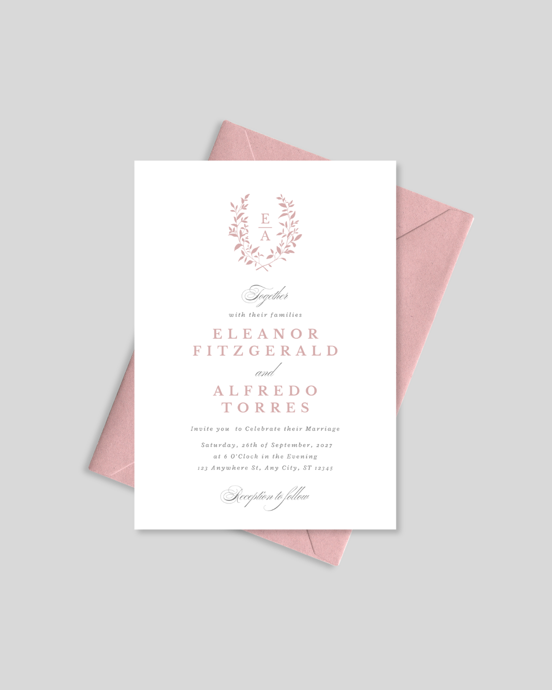Pink laurel elegant wedding invitation card Pakistan – minimal shadi card A5
