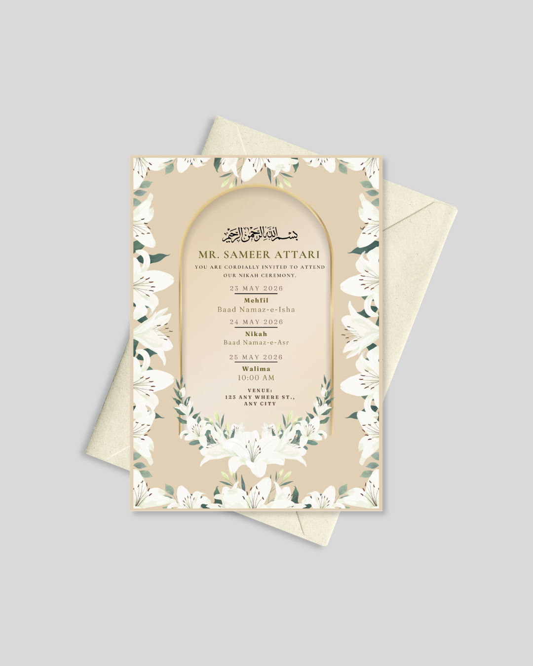 White lily three-event nikah ceremony card Pakistan – mehfil walima wedding A5