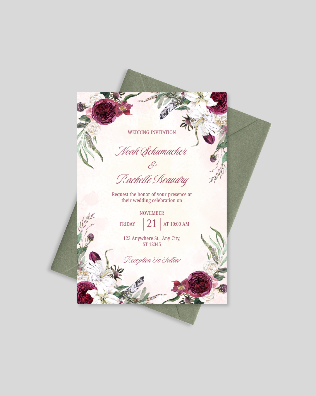 Boho burgundy floral wedding invitation card Pakistan – unique shadi card A5