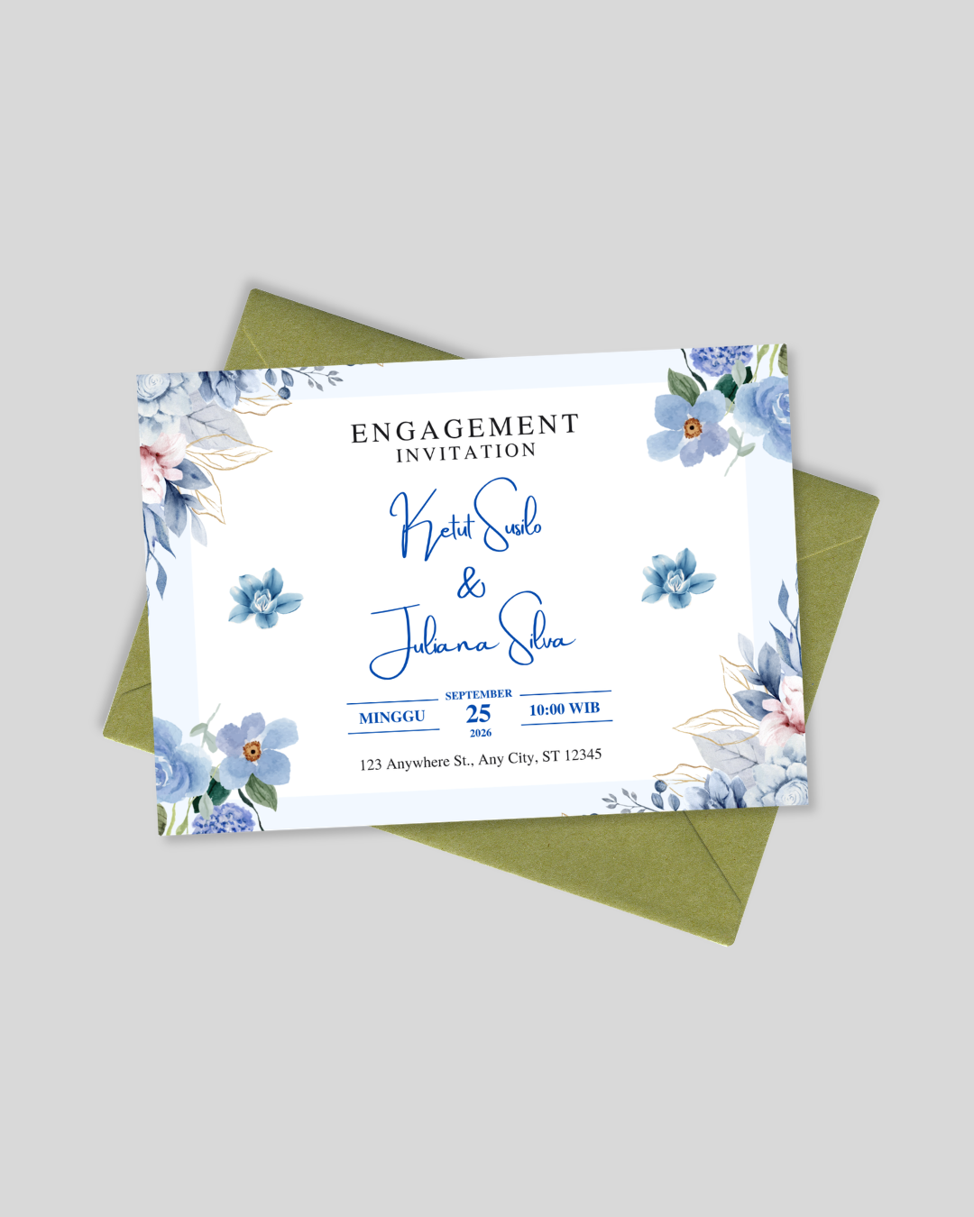 Blue floral landscape engagement invitation card Pakistan – horizontal shadi card A5
