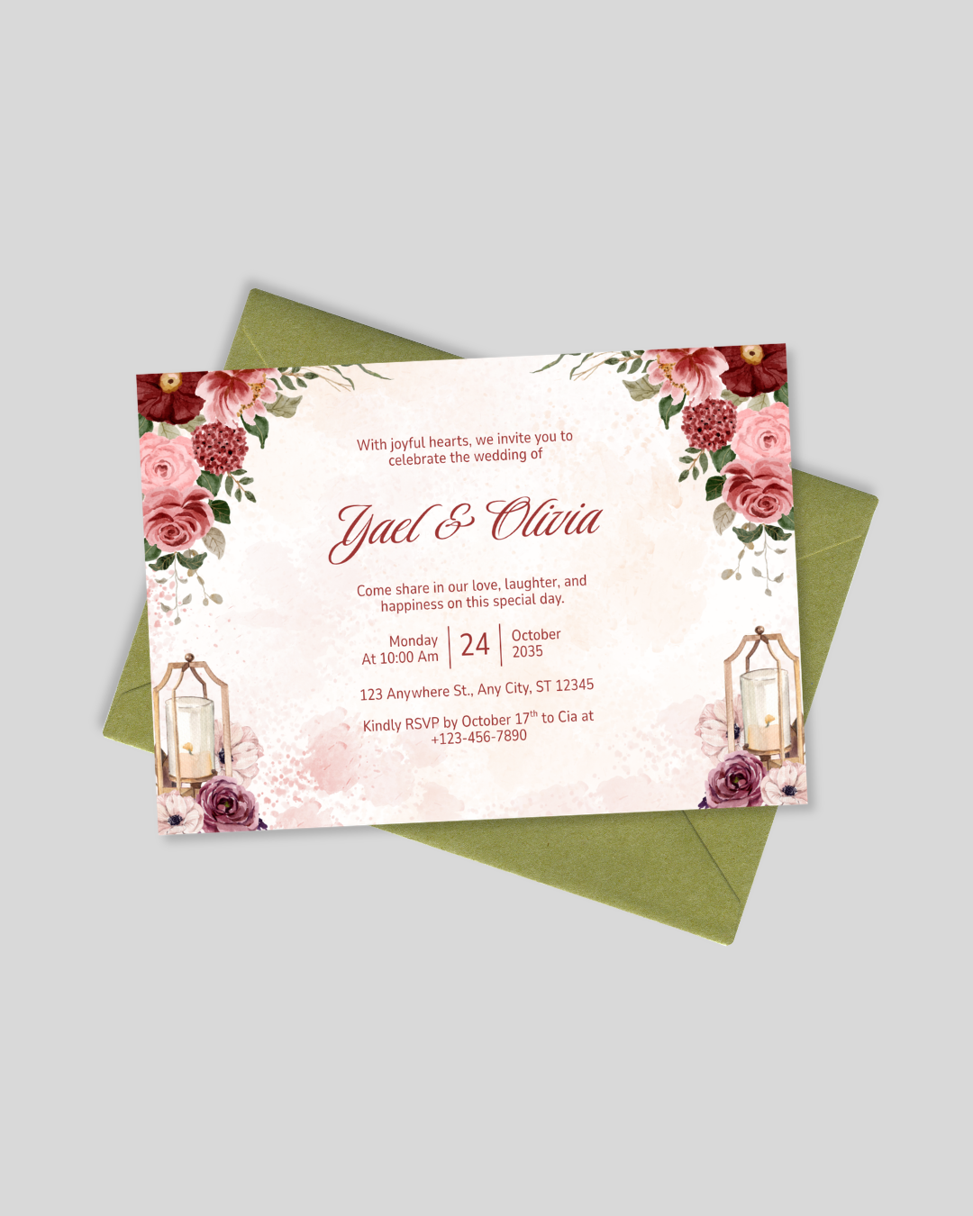 Romantic rose and lantern landscape wedding card Pakistan – horizontal shadi card A5