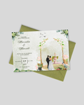 Illustrated couple garden arch horizontal wedding card Pakistan – landscape shadi card A5