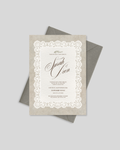 Vintage lace parchment wedding card Pakistan – premium shadi card A5