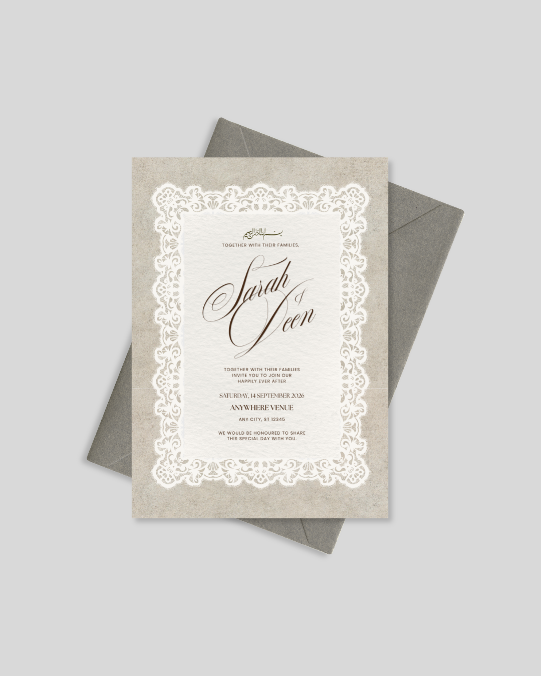 Vintage lace parchment wedding card Pakistan – premium shadi card A5