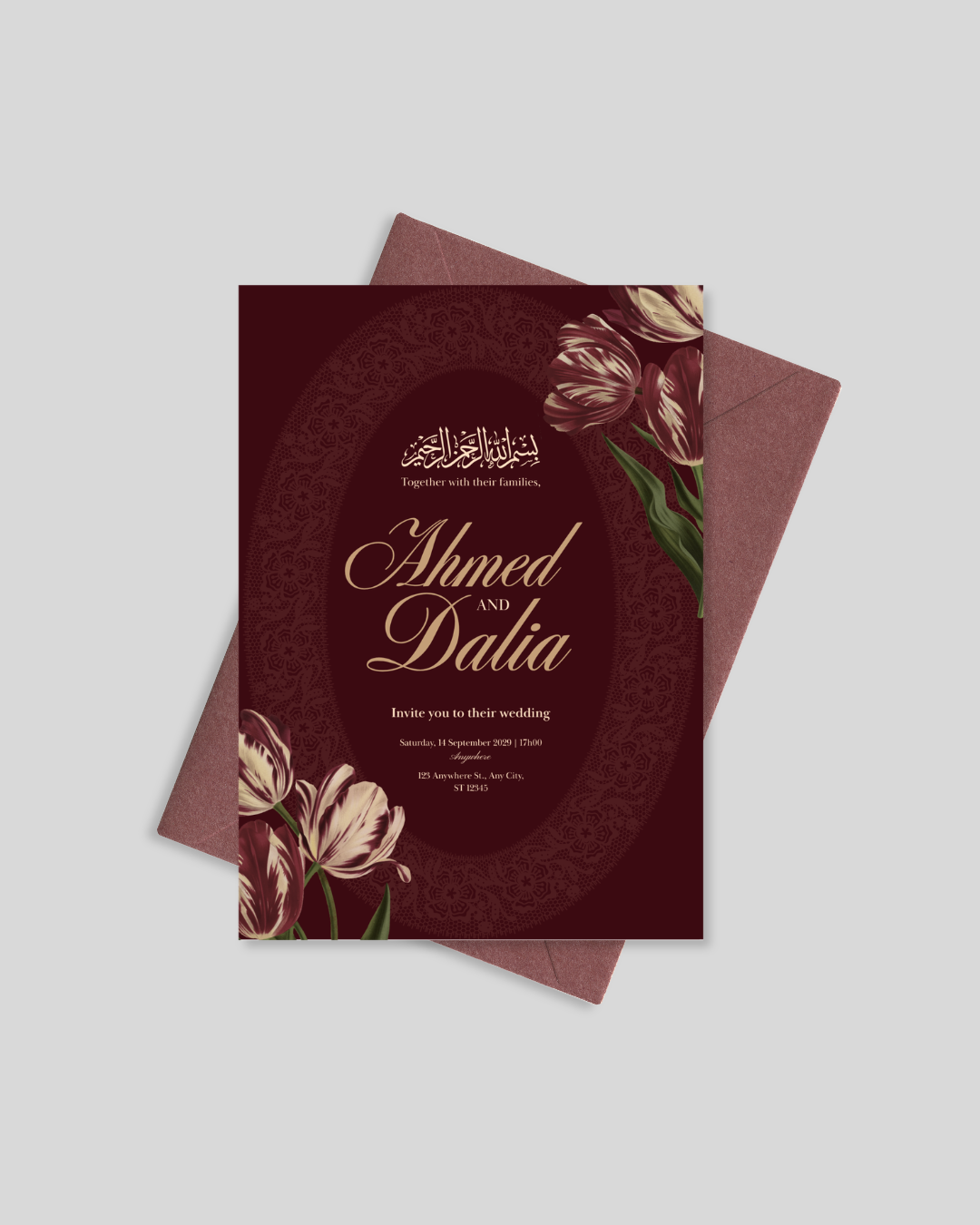 Burgundy tulip nikah invitation card Pakistan – dark floral wedding card A5