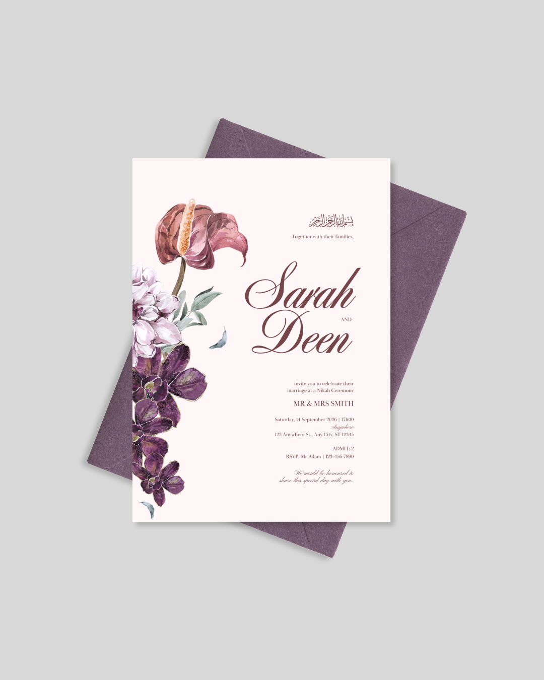 Purple orchid nikah invitation card Pakistan – floral wedding card A5