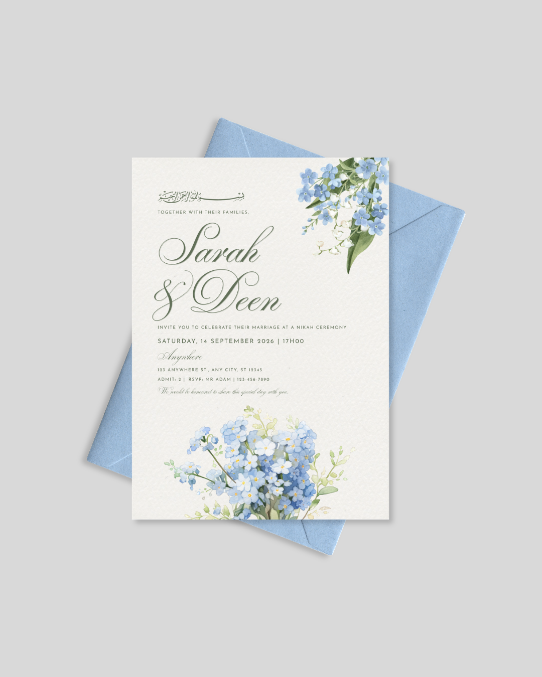 Blue forget-me-not nikah invitation card Pakistan – elegant wedding card A5