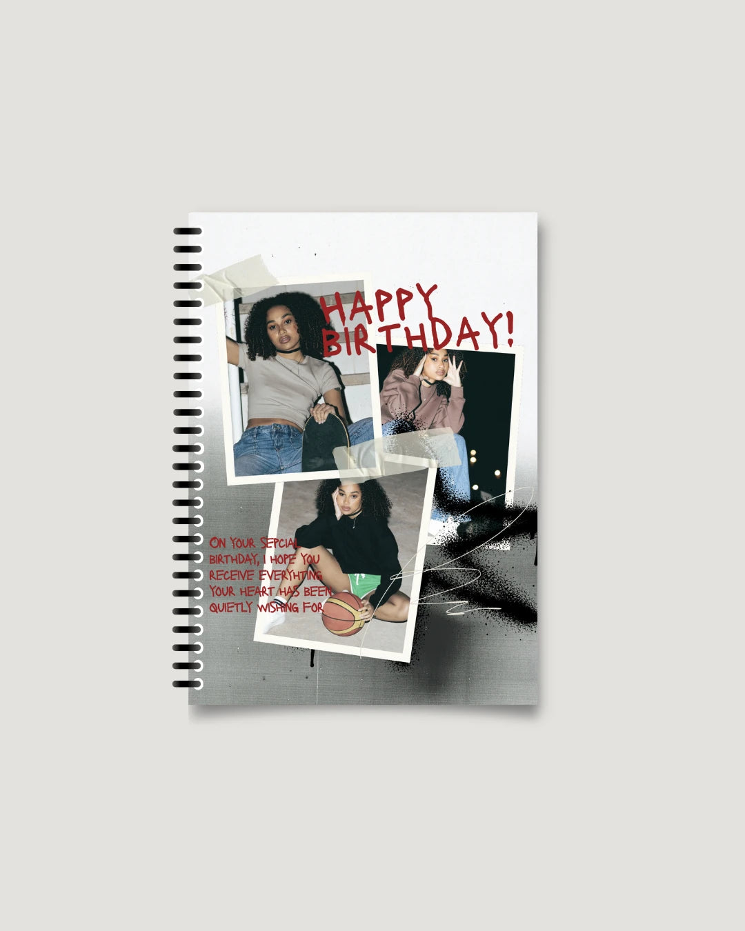 Spray-paint textured cover with bold red birthday type — aesthetic birthday photo book, Pakistan