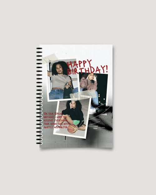 Spray-paint textured cover with bold red birthday type — aesthetic birthday photo book, Pakistan
