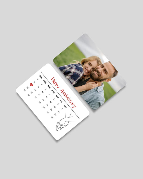 Anniversary calendar wallet card with couple photo — custom photo gift, Pakistan