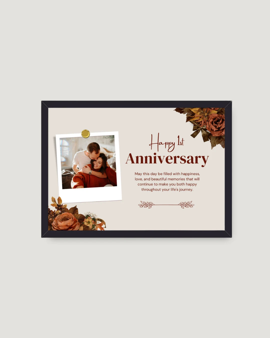 Autumn rose 1st anniversary horizontal photo frame Pakistan — dusty pink, warm roses, single Polaroid