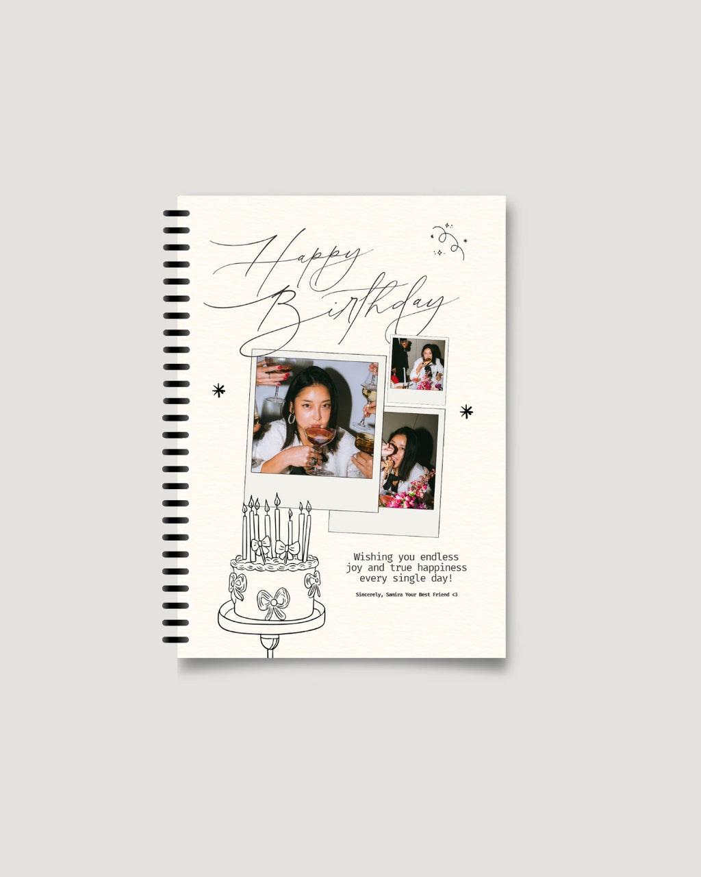 Handwritten Happy Birthday cover with polaroid photo cluster — best friend birthday photo notebook, Lahore