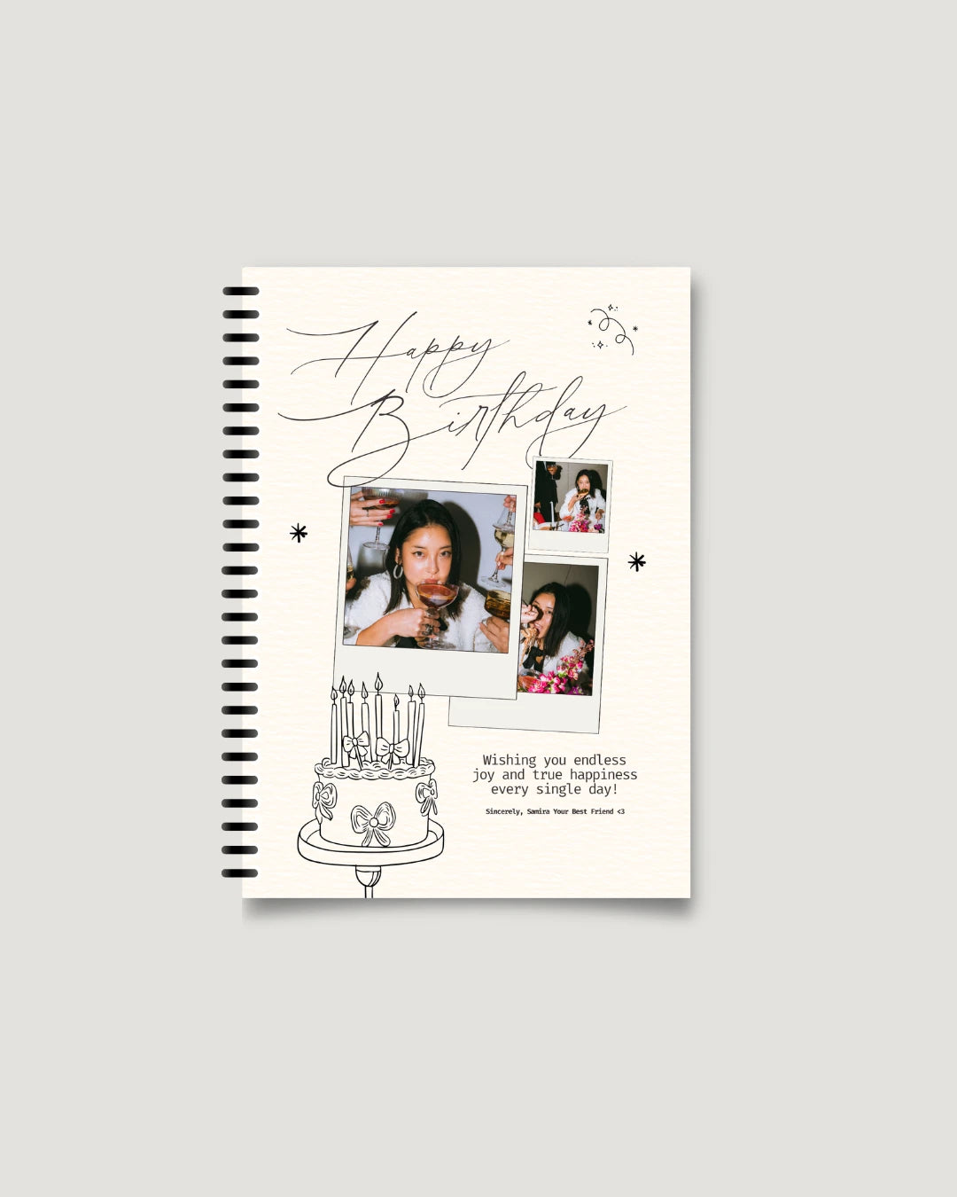 Handwritten Happy Birthday cover with polaroid photo cluster — best friend birthday photo notebook, Lahore