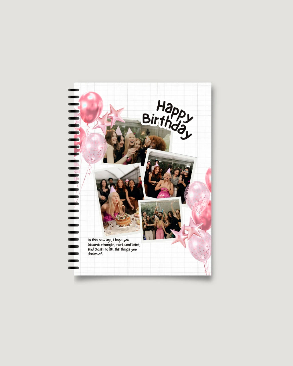 Pink balloons and party photo collage cover — birthday photo magazine gift for her, Pakistan