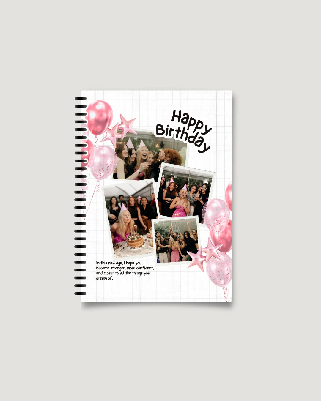Pink balloons and party photo collage cover — birthday photo magazine gift for her, Pakistan