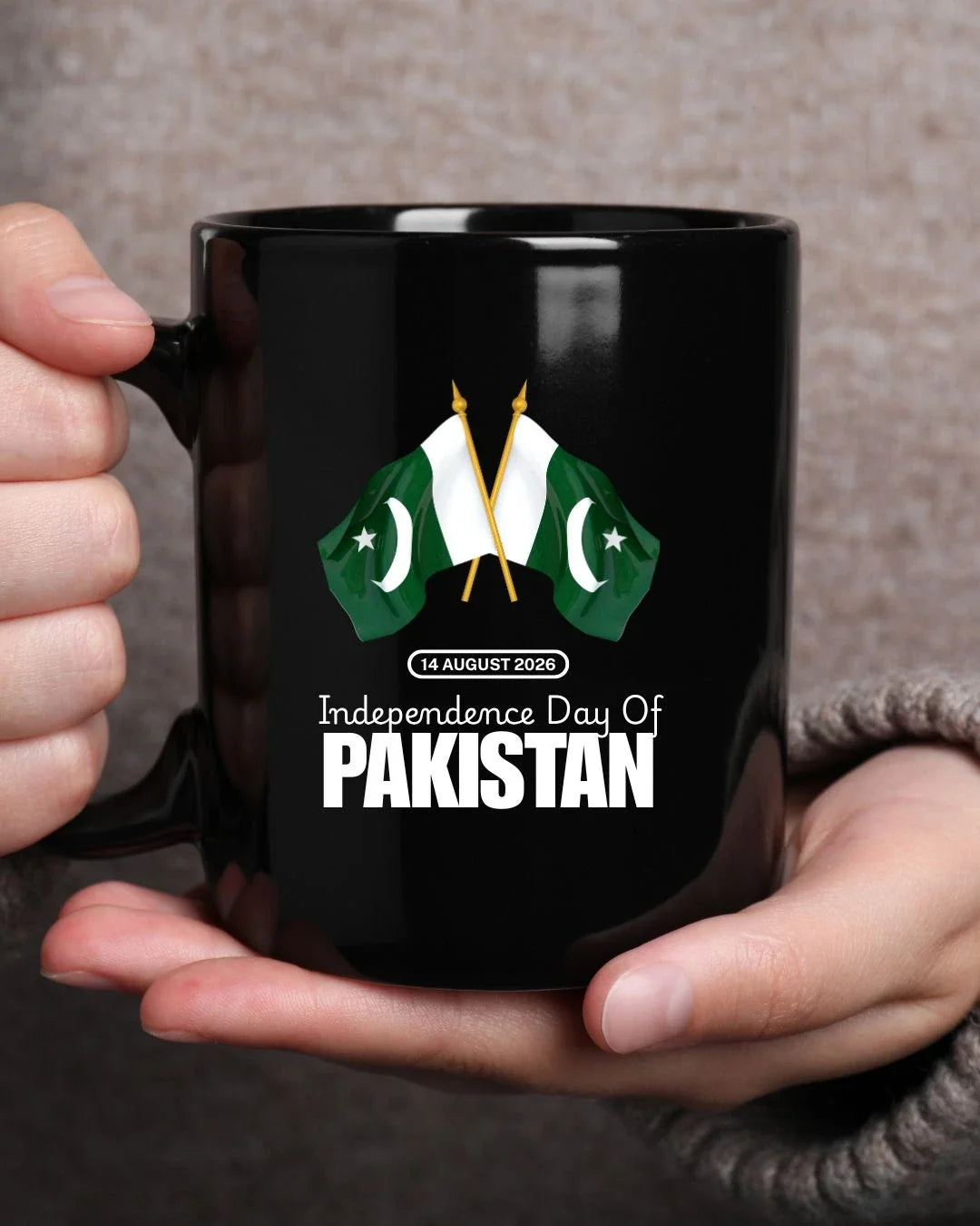 Black mug with crossed Pakistan flags on gold poles, '14 August 2026' — 14 August Pakistan Independence Day mug, Pakistan