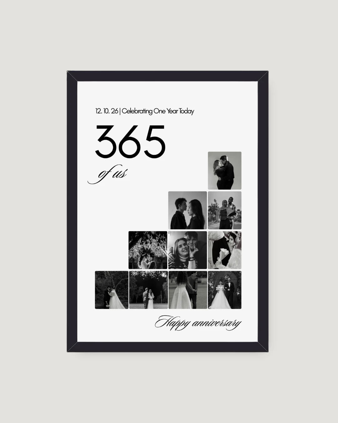 Black and white minimal 365 days anniversary photo frame Pakistan — staircase grid with 10 couple photos