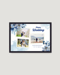 Blue floral wedding horizontal photo frame Pakistan — blue watercolour flowers with 3 Polaroid photos