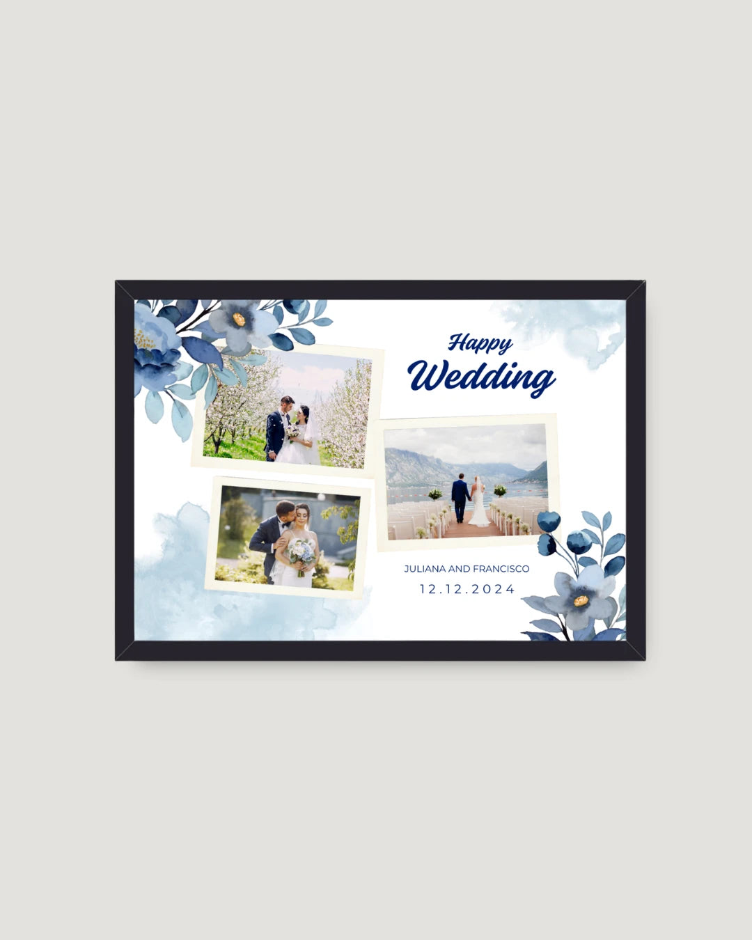 Blue floral wedding horizontal photo frame Pakistan — blue watercolour flowers with 3 Polaroid photos