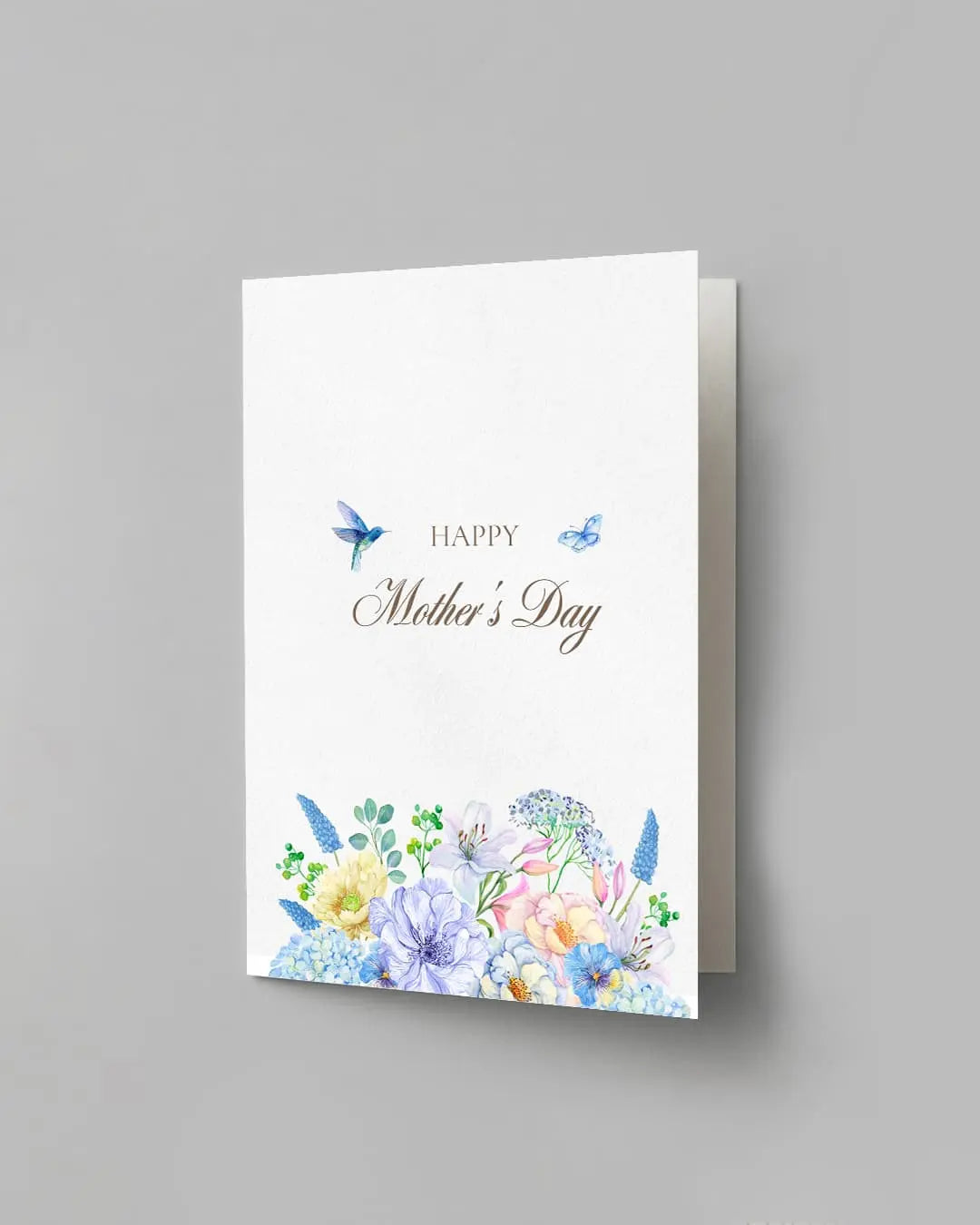 Blue hydrangea and hummingbird printed Happy Mother's Day greeting card by The Love Language Pakistan