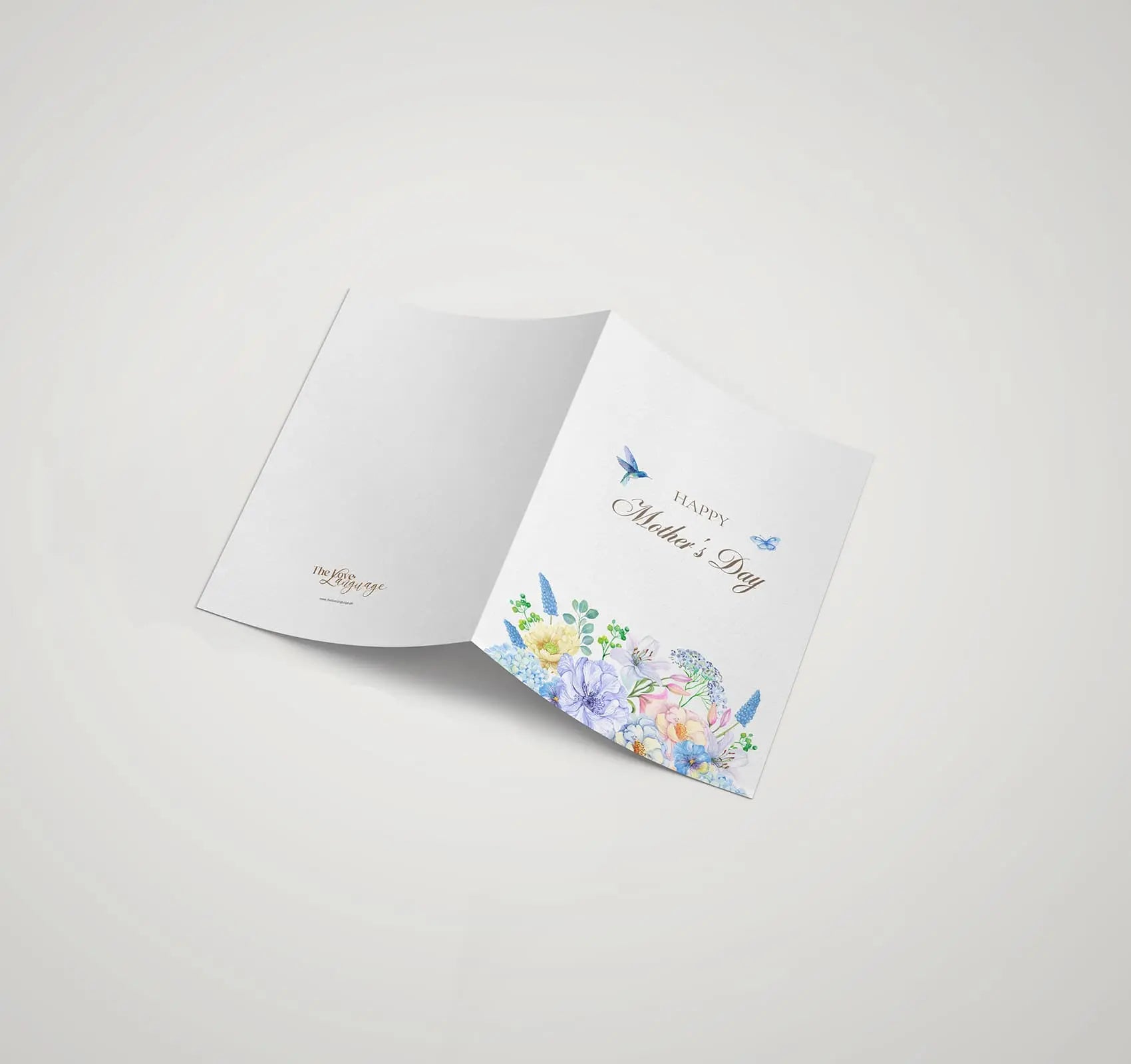 Blue hydrangea and hummingbird printed Happy Mother's Day greeting card by The Love Language Pakistan