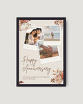 Boho floral Polaroid anniversary photo frame — warm tan background with 3 polaroid photos and autumn flowers