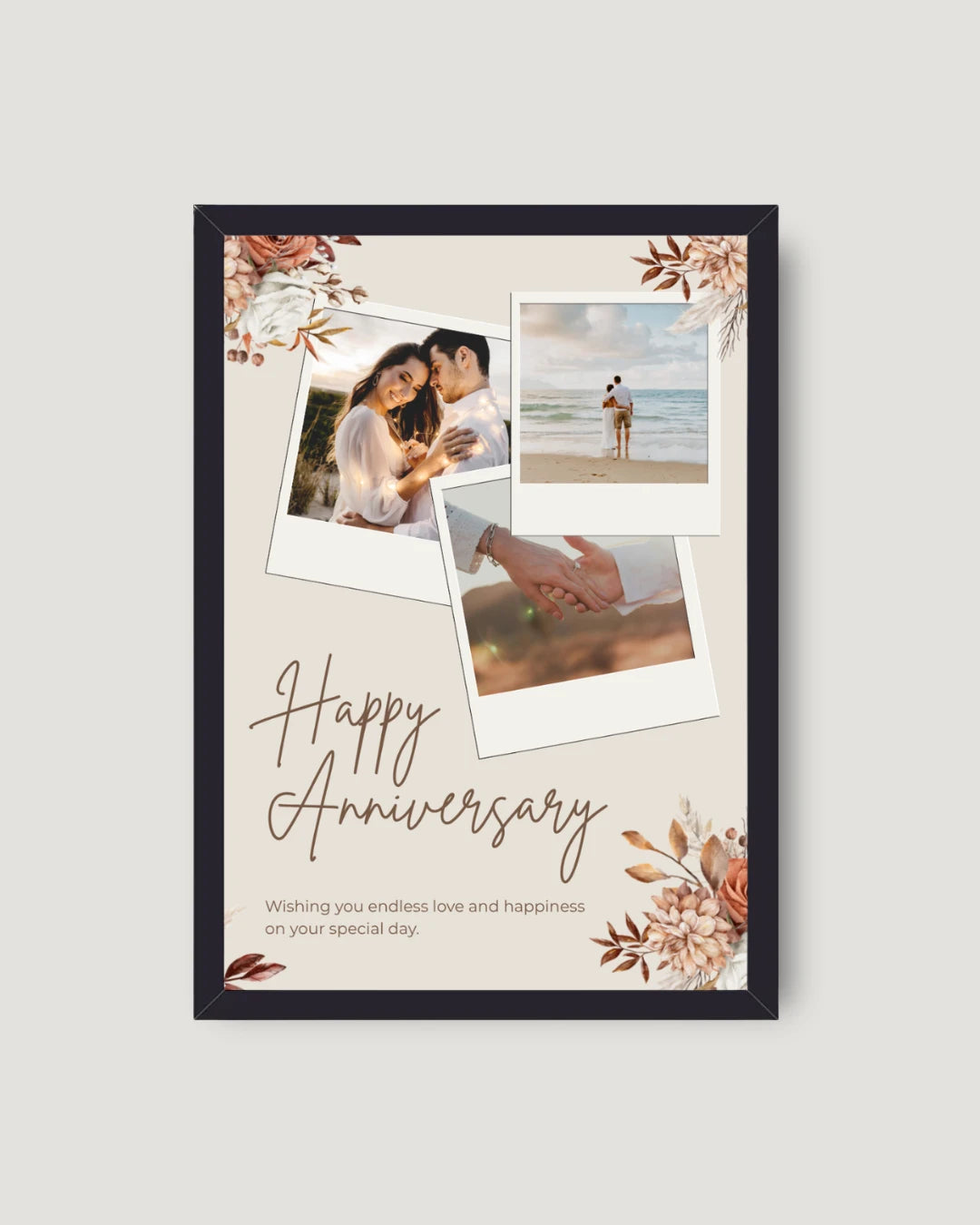 Boho floral Polaroid anniversary photo frame — warm tan background with 3 polaroid photos and autumn flowers
