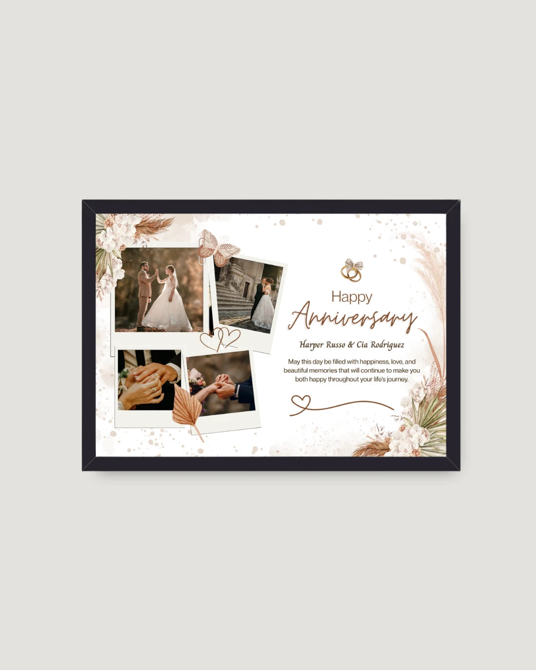 Boho wedding anniversary horizontal photo frame Pakistan — 4 Polaroid photos on white boho floral background
