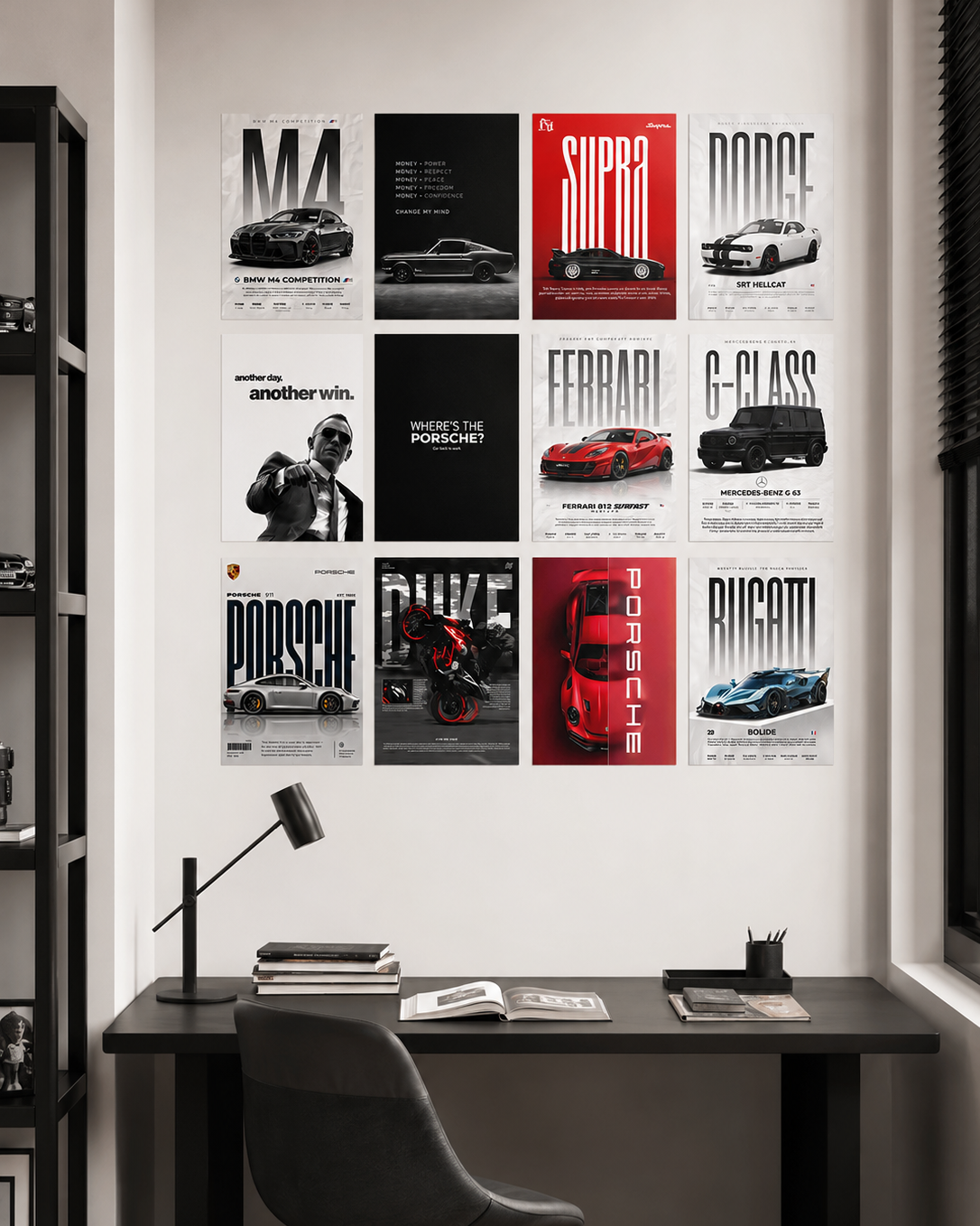 A 3×4 grid of automotive wall posters displayed above a dark desk, featuring bold typographic designs of luxury and performance cars including BMW M4 Competition, Toyota Supra, Dodge SRT Hellcat, Ferrari 812 Superfast, Mercedes-Benz G63, Porsche 911, and Bugatti Bolide, in a black, white, and red color scheme.