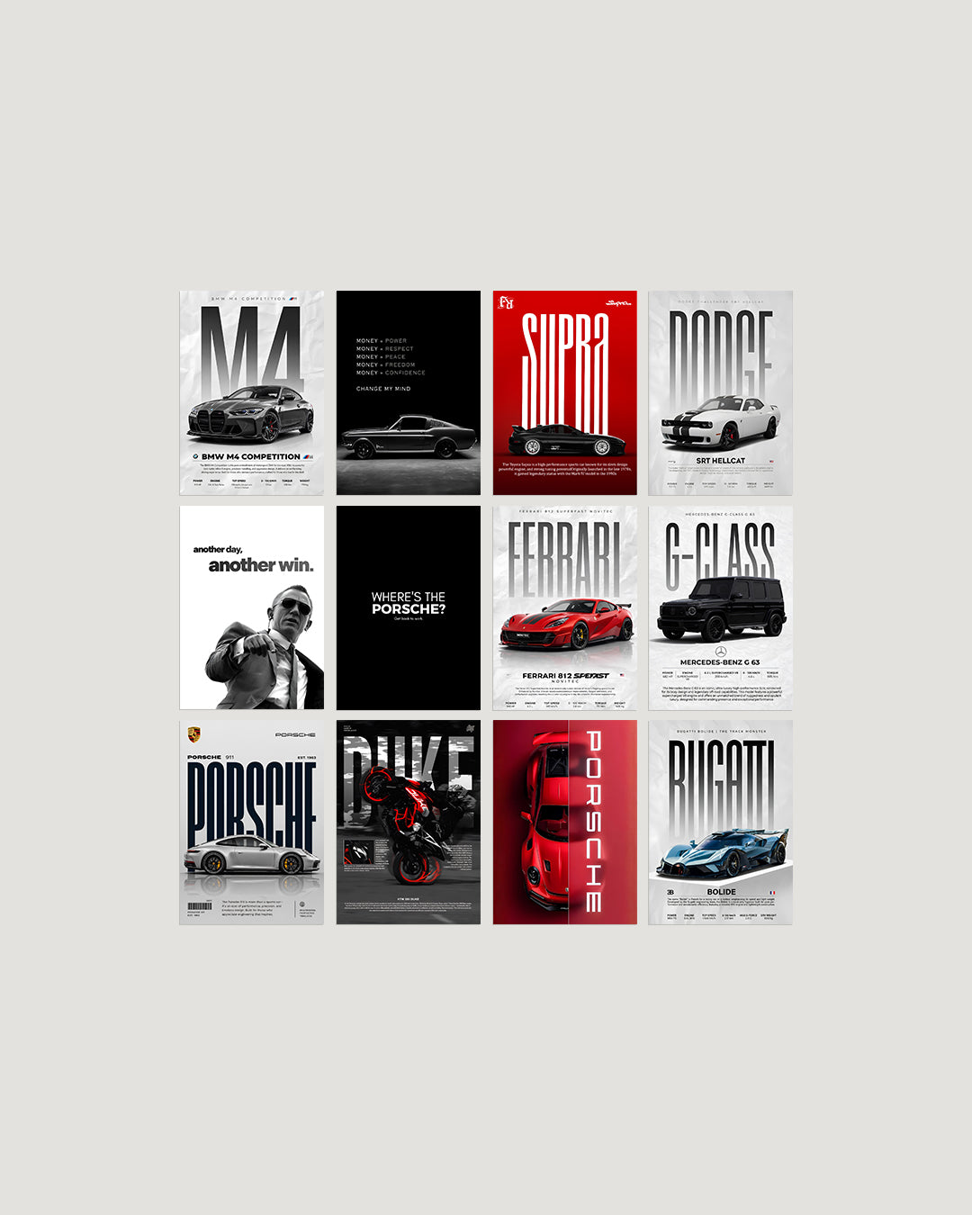 Cars luxury 12-poster A4 pack BMW Ferrari Porsche Mercedes Bugatti wall posters Pakistan by The Love Language