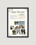 Classic cream anniversary calendar vertical photo frame Pakistan — elegant 8-photo grid with calendar and couple names