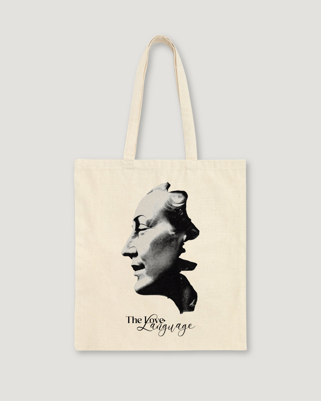 Natural canvas tote bag with black and white classical portrait sculpture art print by The Love Language Pakistan