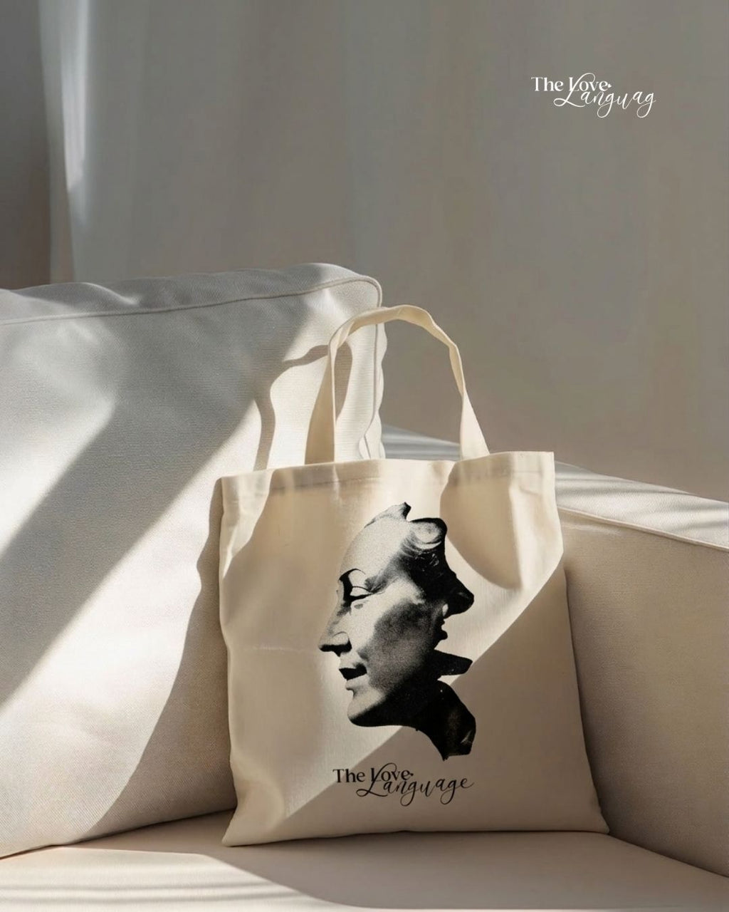 Natural canvas tote bag with black and white classical portrait sculpture art print by The Love Language Pakistan