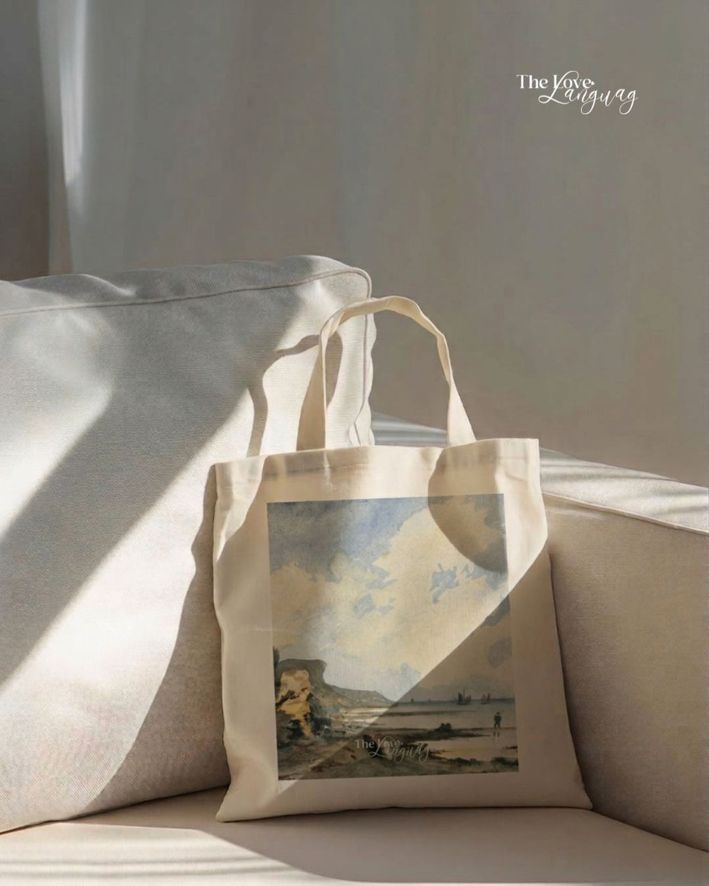 Natural canvas tote bag with classic coastal seascape watercolour painting print by The Love Language Pakistan